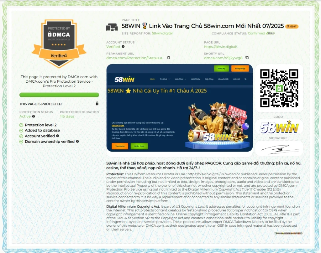 Thông Tin Bảo Vệ Nội Dung Số Chính Thức Của 58WIN